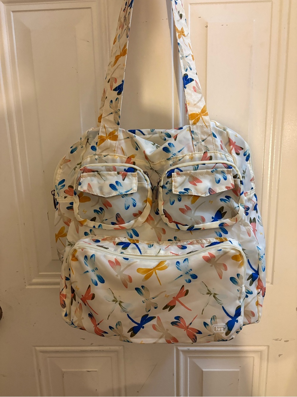 lug White Tote Bag with Blue, Pink & Yellow Dragonfly Print